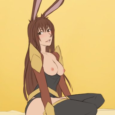 1girls, blank background, bunny ears, bunny girl, exposed ass, exposed breasts, exposed nipples, female, kalruna, rwby, velvet scarlatina