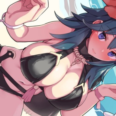 1girls, alternate costume, beach, bikini, black bikini, black swimsuit, blush, boris (noborhys), breasts, byleth (fire emblem), byleth (fire emblem) (female), cape, cleavage, cup, female