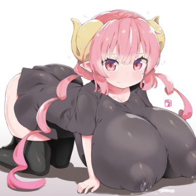 all fours, big ass, big eyes, big head, black clothing, black legwear, breast press, breast squish, breasts, curled horns, cute, dragon girl, dragon horns, female, horns