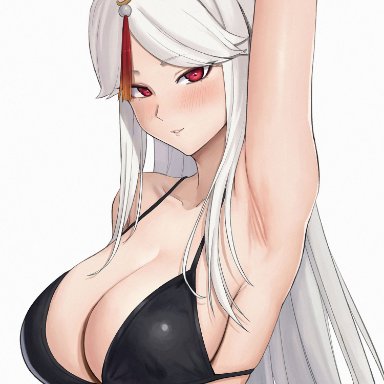 1girls, 2021, :q, alternate version available, arm up, armpit focus, armpit pussy, armpits, bangs, bikini, bikini top, black bikini, blush, breasts, cleavage