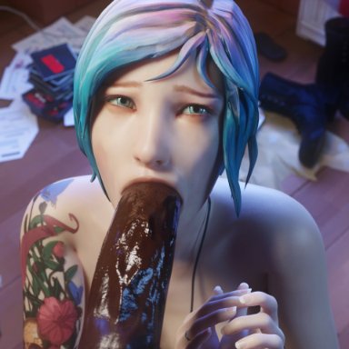 1girls, 3d, big penis, blender, blowjob, blue eyes, blue hair, bound, chloe price, dark-skinned male, fjaye, handcuffs, interracial, lesbian cheating with male, lesbian with male