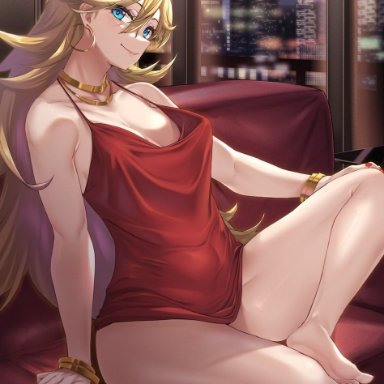 armpits, big breasts, bottomless, bracelets, dress, feet, moisture (chichi), panty & stocking with garterbelt, panty (psg), red dress, thick thighs, thighs