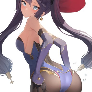 1girl, ass, blue eyes, ear piercing, female, genshin impact, hat, long hair, looking at viewer, mona (genshin impact), purple hair, riyo hirose, sideboob, solo, tagme