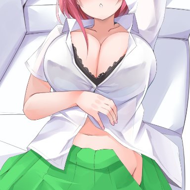 1girls, arm on head, arm up, bangs, black bra, blue eyes, blush, bra, bra peek, breasts, cleavage, collarbone, collared shirt, commentary request, couch