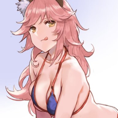 absurdres, animal ears, bikini, breast squeeze, breasts, cancer (zjcconan), closed mouth, fate/grand order, fate (series), female, fox ears, highres, large breasts, long hair, looking away