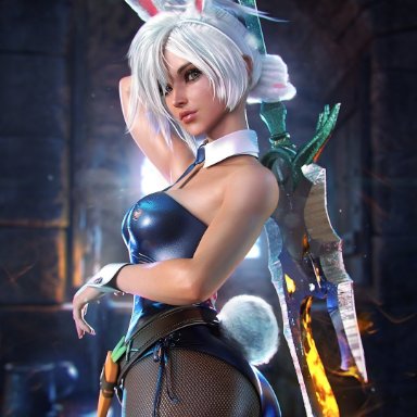 3d, battle bunny riven, brown eyes, bunnysuit, female, league of legends, realistic, riven, sevenbees, sword, thick thighs, white hair