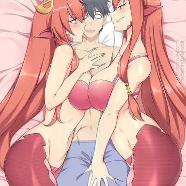 2girls, body pillow, daughter, lamia, lindaroze, miia's mother (monster musume), miia (monster musume), monster musume no iru nichijou, mother, mother and daughter