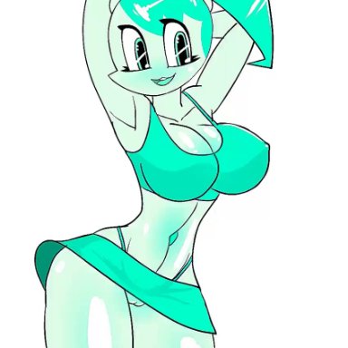1girls, animated, big breasts, blue eyes, blue hair, dancing, female focus, female only, female solo, jenny wakeman, looking at viewer, my life as a teenage robot, no sound, open smile, plump labia
