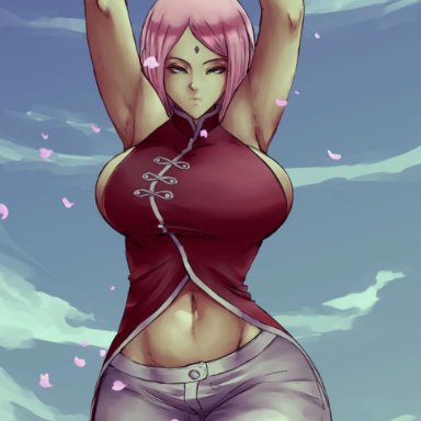 1girls, alternate breast size, armpits, arms up, artist name, bare arms, bare shoulders, big breasts, blue sky, boruto: naruto next generations, bracelets, breasts, busty, cherry blossoms, closed mouth
