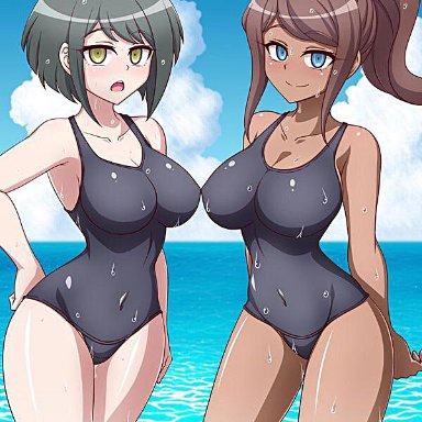 2girls, asahina aoi, beach, breasts, danganronpa, danganronpa (series), danganronpa 1, danganronpa ultra despair girls, dark skin, detailed background, naegi komaru, one-piece swimsuit, sweat, swimsuit, wet