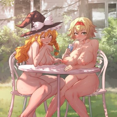 2girls, alice margatroid, barefoot, black headwear, blonde hair, braid, breasts, chair, commentary request, completely nude, cup, drinking, drinking glass, drinking straw, female pubic hair