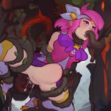 belly bulge, blowjob, deep penetration, fellatio, feral, feral on female, feral on human, huge cock, lava creature, league of legends, luxanna crownguard, open mouth, oral, oral sex, pink hair