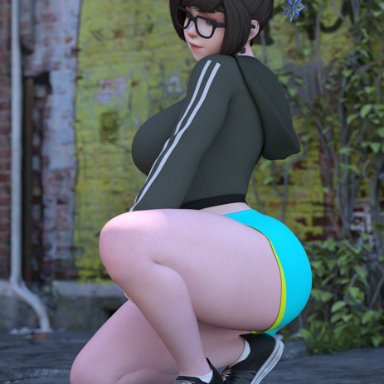 1girls, 2020s, 2021, 3d, artist signature, big ass, brown eyes, brown hair, clothed, female, female only, glasses, gym shorts, hairpin, hoodie