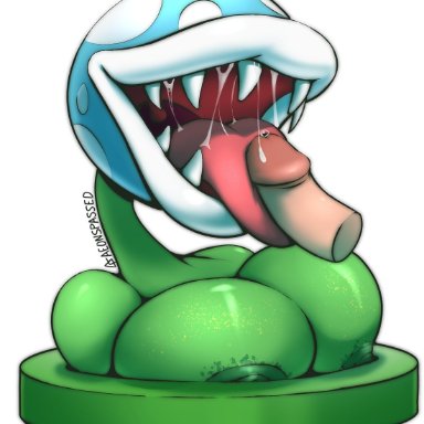 aeonspassed, areolae, disembodied penis, female, feral, green skin, imminent oral, mario (series), nintendo, nipple slip, nipples, penis on tongue, piranha plant, saliva, saliva trail