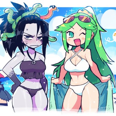 2021, 2girls, beach, big breasts, bikini, cleavage, crap-man, female focus, kid icarus, kid icarus uprising, looking at viewer, medusa (kid icarus), nintendo, palutena, tagme