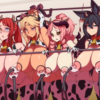 6+girls, areolae, bent over, breasts, catgirl, cow girl, demon, elbow gloves, female, female only, femsub, gloves, huge breasts, human, humanoid