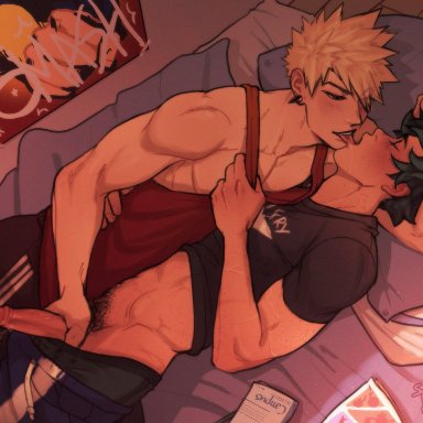 2boys, bed, bedroom, blonde hair, clothed, clothing, gay, genitals, green hair, hand on penis, handjob, izuku midoriya, katsuki bakugou, lying down, lying on back