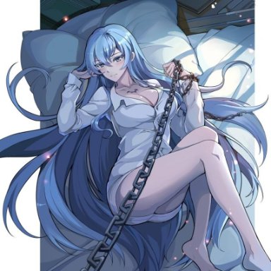 artist request, barefoot, beautiful, bed, bedroom, bedroom eyes, blue eyes, blue hair, blush, chain leash, chains, cleavage, cute, domme, esdeath (akame ga kill!)