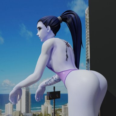 1girls, 3d, ass, ass focus, balcony, breasts, female, female only, flossing, gelzy, leotard, one-piece swimsuit, overwatch, ponytail, purple hair