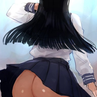 1girls, ass, ass focus, big ass, bottomless, c.cu, female, high resolution, long hair, no panties, original, pubic hair, pussy, school uniform, skirt