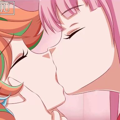 2girls, closed eyes, femdom, hand on another's head, hololive, hololive english, kiss, kissing, looking at another, looping animation, maenchu, mori calliope, multicolored hair, no sound, orange eyes
