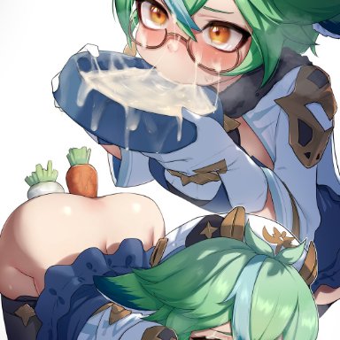 1girls, anal insertion, cum, cum on face, dog bowl, eyewear, female, female only, genshin impact, glasses, green hair, hizake, kashu (hizake), object insertion, skirt