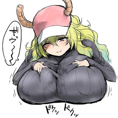 ahemaru, baseball cap, big breasts, breasts, dragon girl, dragon horns, female, female only, green hair, groping breasts, groping self, hand on breast, huge breasts, long hair, looking up