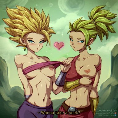 2girls, blonde hair, breasts, caulifla, dark-skinned female, dark skin, dragon ball, dragon ball super, earrings, female, female only, green hair, jammeryx, kale, legendary super saiyan