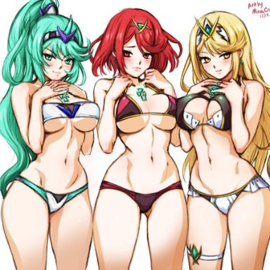 3girls, alternate costume, artist name, bikini, blonde hair, breasts, cleavage, dated, earrings, green eyes, green hair, jewelry, large breasts, long hair, looking at viewer