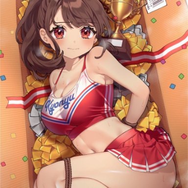 arms behind back, bare arms, bare shoulders, bound, box, breasts, brown hair, cardboard box, cheerleader, cleavage, closed mouth, collarbone, crop top, female, frown