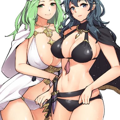 2girls, alternate costume, areola, areola slip, areolae, bangs, bikini, black bikini, black swimsuit, blue eyes, blue hair, breasts, byleth (fire emblem), byleth (fire emblem) (female), cape