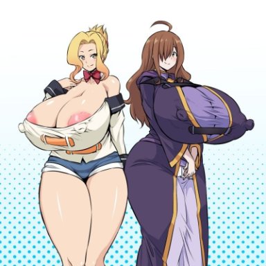 2girls, ahemaru, alternate breast size, areola slip, big breasts, blonde hair, blush, brown hair, cleavage, curvy, enormous breasts, erect nipples, gigantic breasts, hair over one eye, huge breasts