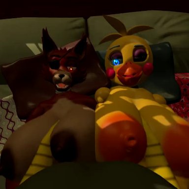 1boy, 2girls, animated, animatronic, anthro, bedroom, big breasts, bouncing breasts, chicken, cum, cum on breasts, five nights at freddy's, five nights at freddy's 2, fox, foxy (fnaf)