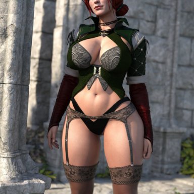 1girls, 3d, big ass, breasts, cd projekt red, cleavage, female, female only, garter belt, garter straps, green eyes, large breasts, looking at viewer, navel, no pants