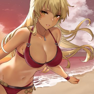 1girls, absurdres, alternate costume, beach, bikini, blonde hair, blush, breasts, cleavage, commission, dark-skinned female, dark skin, female, fire emblem, fire emblem: the binding blade