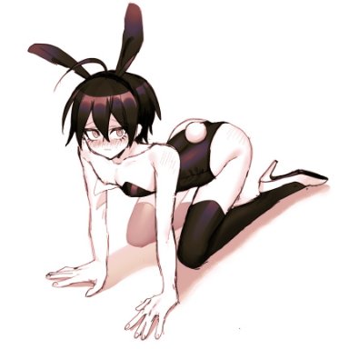 ahoge, ass up, bodysuit, bunny ears, bunny tail, bunnysuit, clothing, colored sketch, crossdressing, cute, danganronpa, danganronpa (series), danganronpa v3, eyelashes visible through hair, femboy