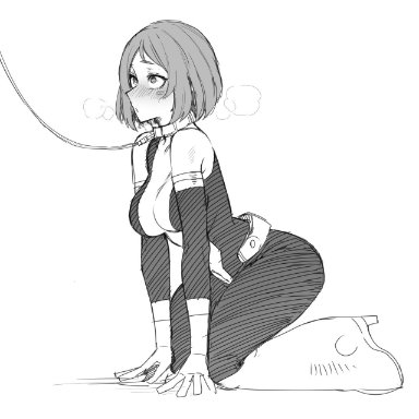 1girls, all fours, ass, black and white, blush, bob cut, bodysuit, breasts, collar, femsub, leash, my hero academia, ochako uraraka, ratatatat74, solo