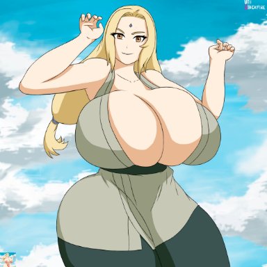 big breasts, blonde hair, cleavage, huge breasts, large breasts, mature female, milf, naruto, solo female, thick thighs, tsunade, ultiblackfire, voluptuous, wide hips