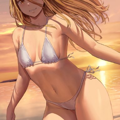 1girls, 2021, armpits, artist signature, beach, belly button, bikini, blonde hair, breasts, chainsaw man, demon, demon girl, demon horns, detailed background, female