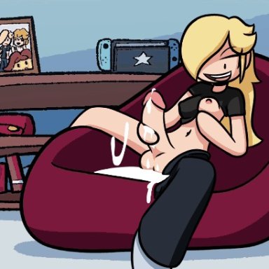 1futa, animated, areolae, artist name, balls, bean bag, belly button, blonde hair, breasts, clothed, clothing, cum, cum on hand, cum on penis, cum pool