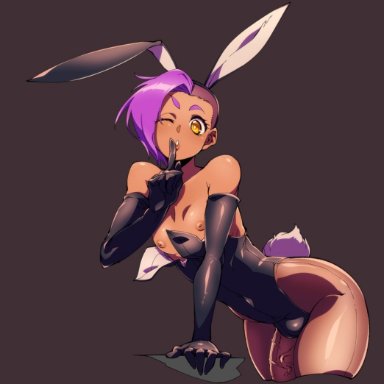 1boy, 2021, armwear, bare shoulders, bent over, big penis, black armwear, black latex, bunny boy, bunny costume, bunny ears, bunny tail, bunnysuit, crossdressing, dark-skinned femboy