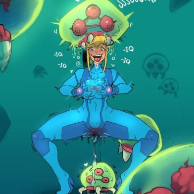 1girls, artist request, brain drain, drooling, groping breasts, heart, hypnosis, metroid, metroid (creature), mind break, nintendo, pussy juice, samus aran, toungue out, zero suit