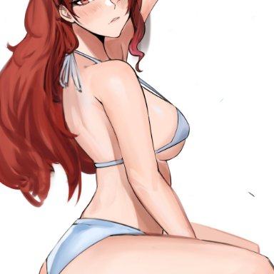 big ass, big breasts, blue bra, blush, blush, hand on head, long hair, looking at viewer, mitsuru kirijo, nero watch, persona, persona 3, red eyes, red hair, simple background