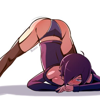 1girls, ass, ass up, blue eyes, blush, borrowed character, clothed, crossxvii, face down ass up, female, female only, hair over one eye, looking at viewer, purple hair, seductive look