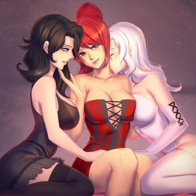 3girls, bakki, black hair, cinder fall, pyrrha nikos, red hair, rwby, white hair, winter schnee