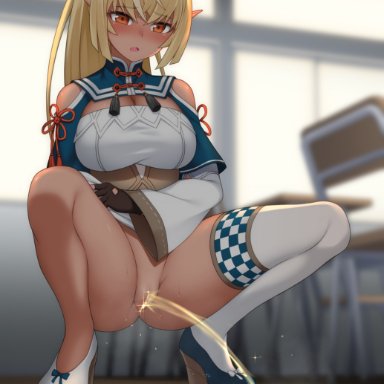 blonde hair, blue footwear, blush, bow, breasts, brown gloves, censored, chair, classroom, cleavage, clothes lift, dark skin, desk, detached sleeves, dress