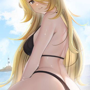 1girls, ass, bikini, blonde hair, breasts, cynthia (pokemon), eye contact, female, hair ornament, high resolution, long hair, looking at viewer, mature female, nanaken nana, nintendo