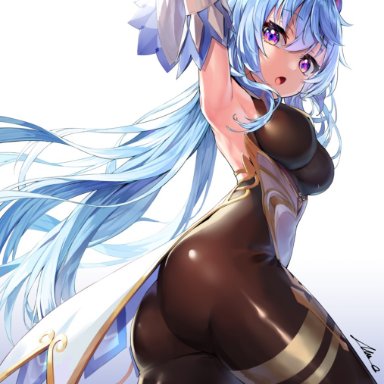 :o, armpits, arms up, ass, black bodysuit, black legwear, blue hair, bodysuit, breasts, detached sleeves, female, ganyu (genshin impact), genshin impact, horns, long hair