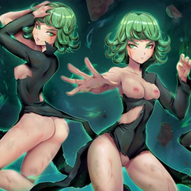breasts, bruise, dual persona, female, green eyes, green hair, injury, jammeryx, looking at viewer, one-punch man, pussy, tatsumaki, torn clothes, wavy hair