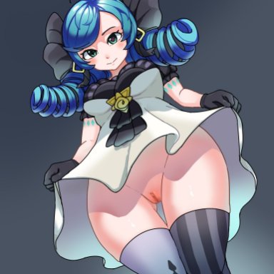 1girls, blue hair, blush, bottomless, censored, drill hair, gloves, green eyes, gwen (league of legends), hair ornament, league of legends, looking at viewer, pack of inu, partially clothed, presenting